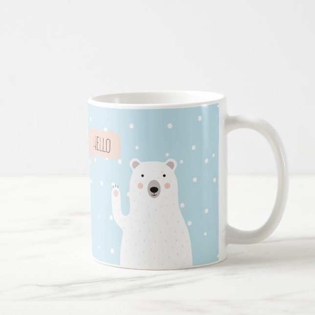Cute Polar Bear in the Snow says Hello + NAME  Coffee Mug (Right)