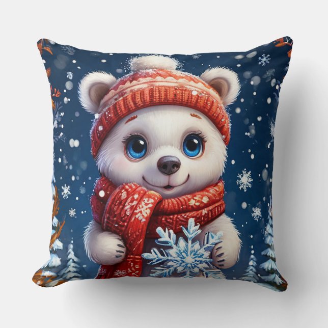 Cute Polar Bear in Winter Scarf Cushion (Front)