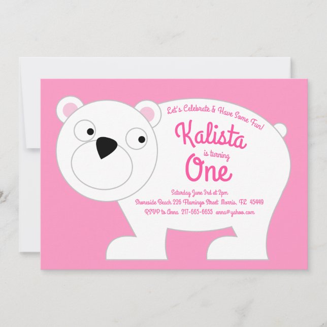 Cute Polar Bear Kids 1st Birthday Party Pink Girls Invitation (Front)
