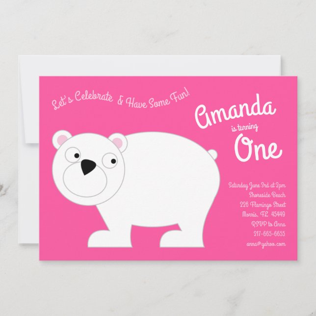 Cute Polar Bear Kids 1st Birthday Party Pink Invitation (Front)