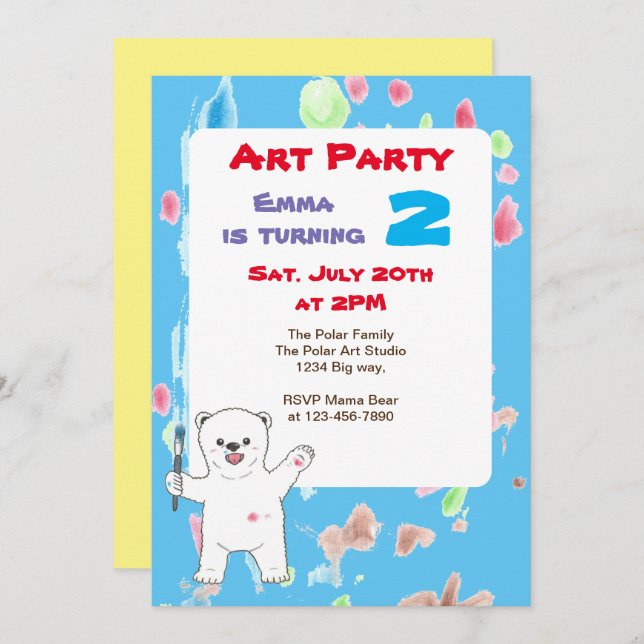 Cute Polar bear kids Art Birthday Party Invitation (Front/Back)