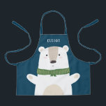 Cute Polar Bear Modern Kids Blue Apron<br><div class="desc">This cute apron features a simple, adorable white bear over a custom colour background (shown in blue). He's wearing a green scarf and is opening his arms, ready for a hug! A text template is included for personalisation, making this apron a unique gift! Perfect for holiday season baking with kids!...</div>