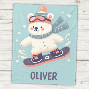 Cute Polar Bear on a Snowboard Personalised Fleece Blanket