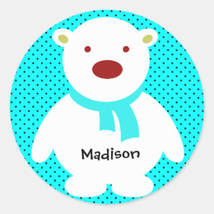 Cute Polar Bear on Aqua, Add Name Classic Round Sticker