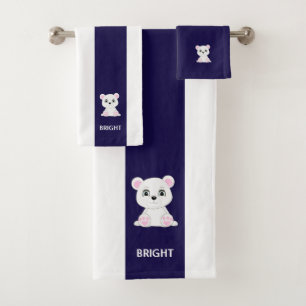 Cute polar bear on navy blue & white striped bath towel set