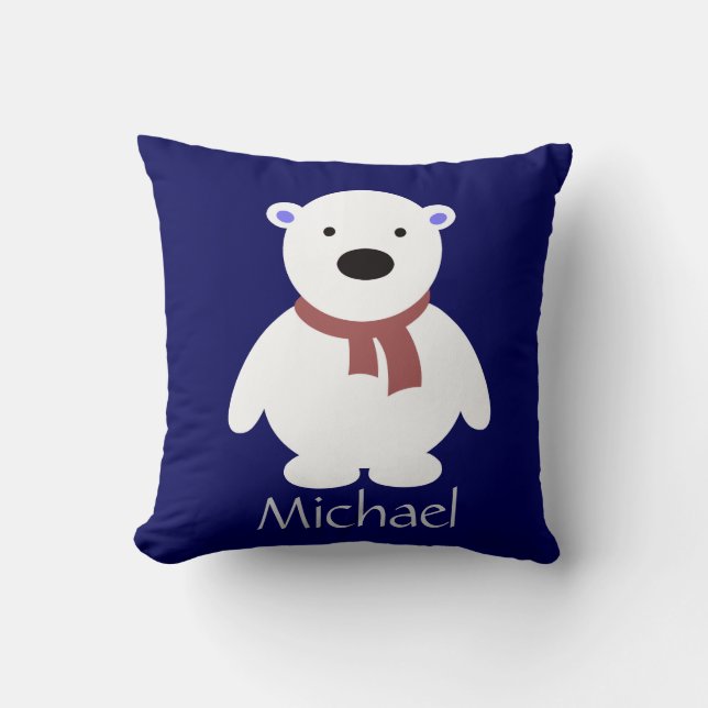 Cute Polar Bear on Navy Pillow, Add Name Cushion (Front)
