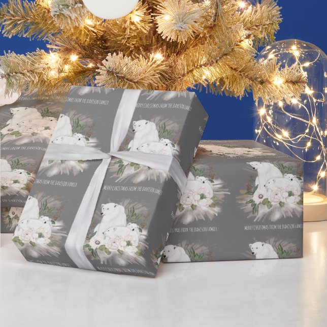 Cute Polar Bear Pattern Name Grey Merry Christmas Wrapping Paper (Holidays)