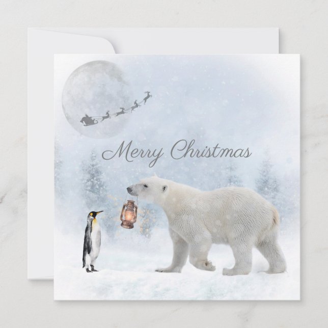 Cute Polar Bear Penguin Santa Winter Christmas Holiday Card (Front)