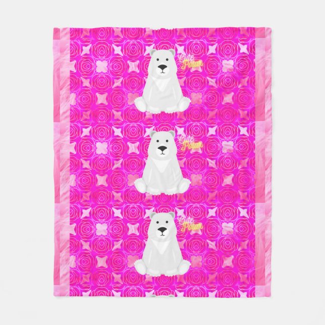 Cute Polar Bear Pink Floral Fleece Blanket (Front)