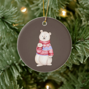 Cute Polar Bear Pink Sweater Winter Watercolor Ceramic Ornament