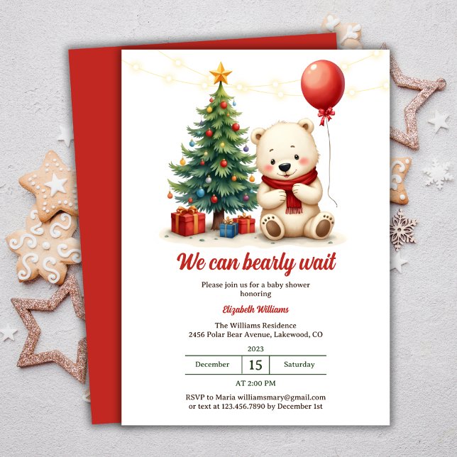 Cute Polar Bear Red And White Christmas Brunch Invitation (Cute Polar Bear Red And White Festive Christmas Brunch Invitation)