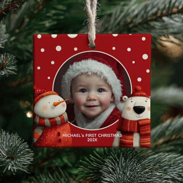 Cute Polar Bear Red First Christmas Baby Photo Ceramic Ornament (Creator Uploaded)