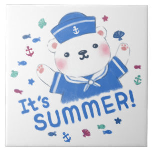 Cute Polar Bear Sailor in Summer Illustration Ceramic Tile