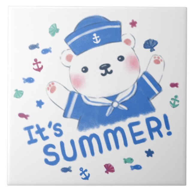 Cute Polar Bear Sailor in Summer Illustration Ceramic Tile (Front)
