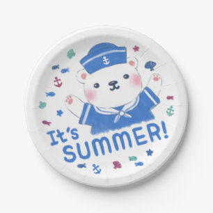 Cute Polar Bear Sailor in Summer Illustration Paper Plate