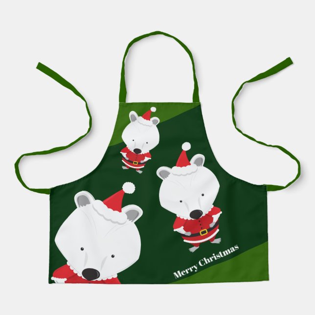 Cute Polar Bear Santa Green Merry Christmas Apron (Front)