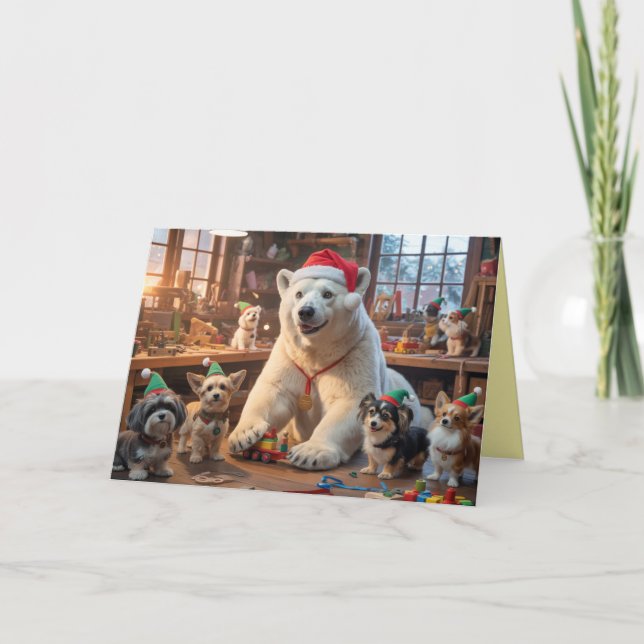 Cute Polar Bear Santa Workshop Card (Front)