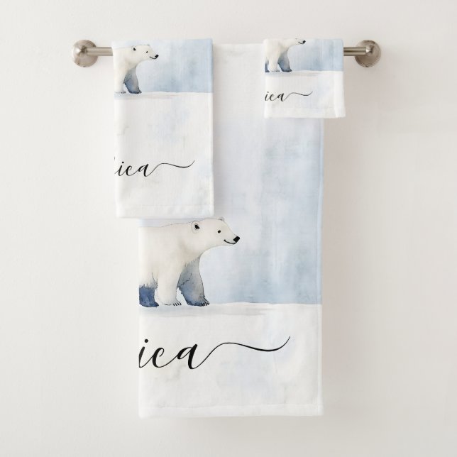 Cute polar bear script name bath towel set (Insitu)