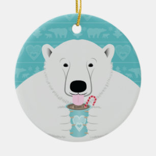 Cute Polar Bear Sips Hot Chocolate on Teal Ceramic Ornament