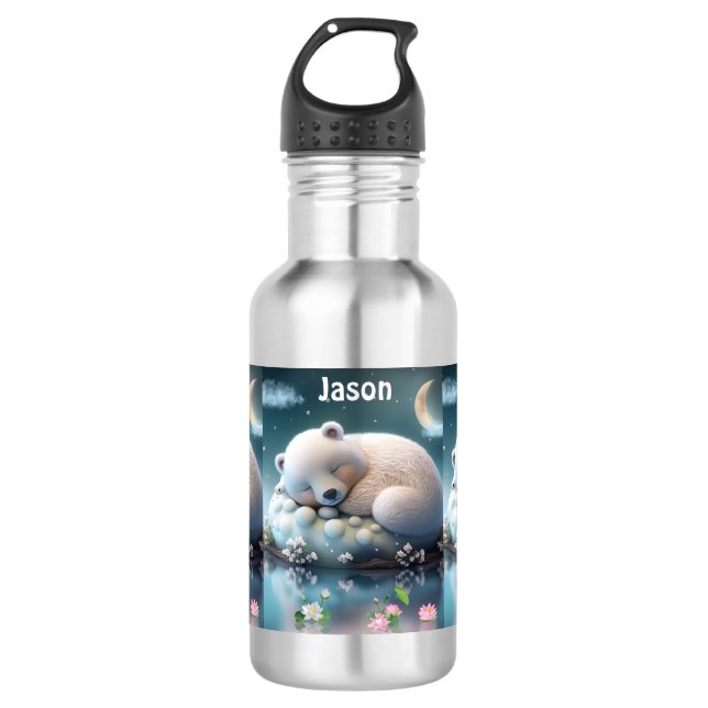 Cute Polar Bear sleeping Stars Moon Kids Name 532 Ml Water Bottle (Front)