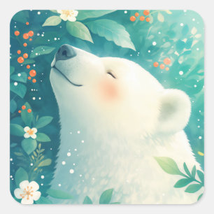 Cute Polar Bear Smiling in Sunlit Green Garden Square Sticker