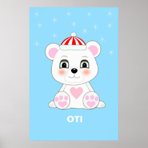 Cute Polar Bear & Snowflakes on Columbia Blue Poster