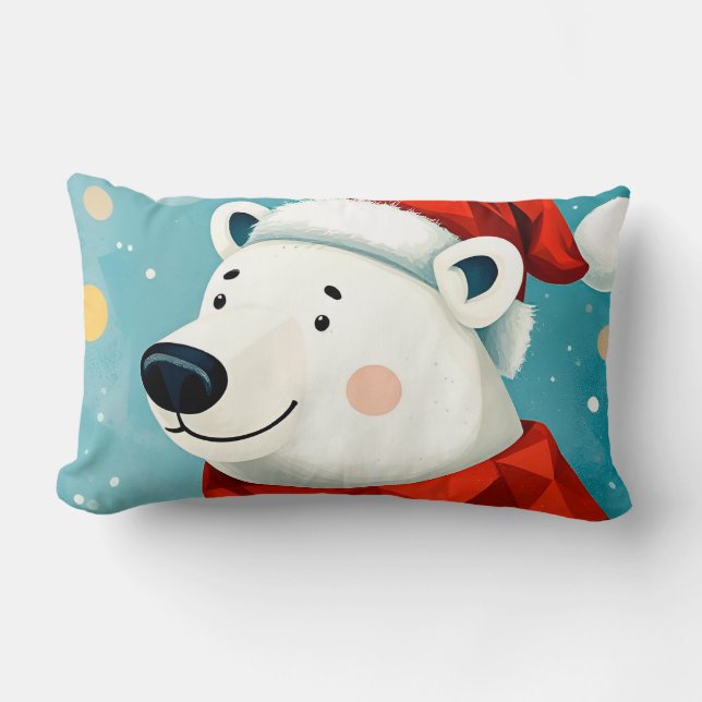 Cute Polar Bear Wearing Santa Hat and Scarf Lumbar Cushion (Front)
