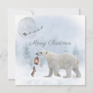Cute Polar Bear Wild Rabbit Santa Winter Christmas Holiday Card