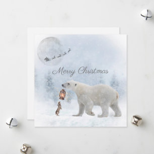 Cute Polar Bear Wild Rabbit Santa Winter Christmas Holiday Card