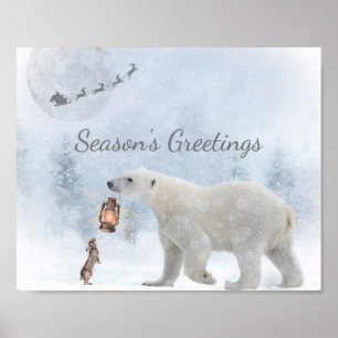 Cute Polar Bear Wild Rabbit Santa Winter Christmas Poster