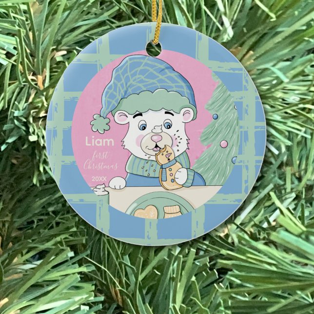 Cute Polar Bear with Cookie 1st Christmas Ornament (Ornament on a tree .)