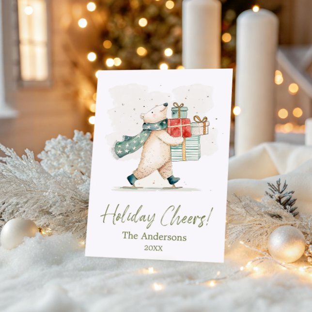 Cute Polar Bear with Gifts Watercolor Cheer Holiday Card (Creator Uploaded)