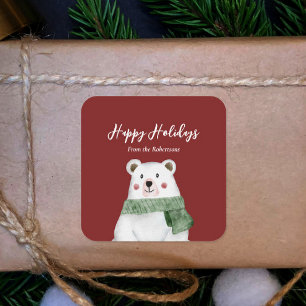 Cute Polar Bear with Green Scarf Happy Holidays Classic Round Sticker
