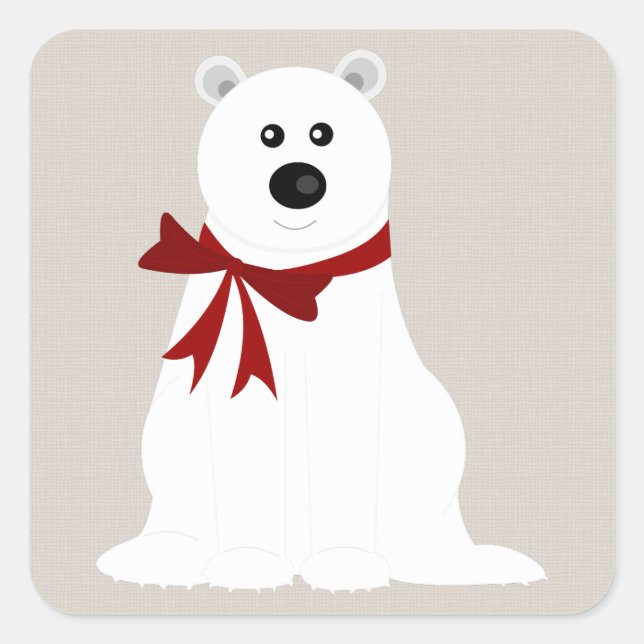 Cute Polar Bear with Red Bow Rustic Holiday Square Sticker (Front)