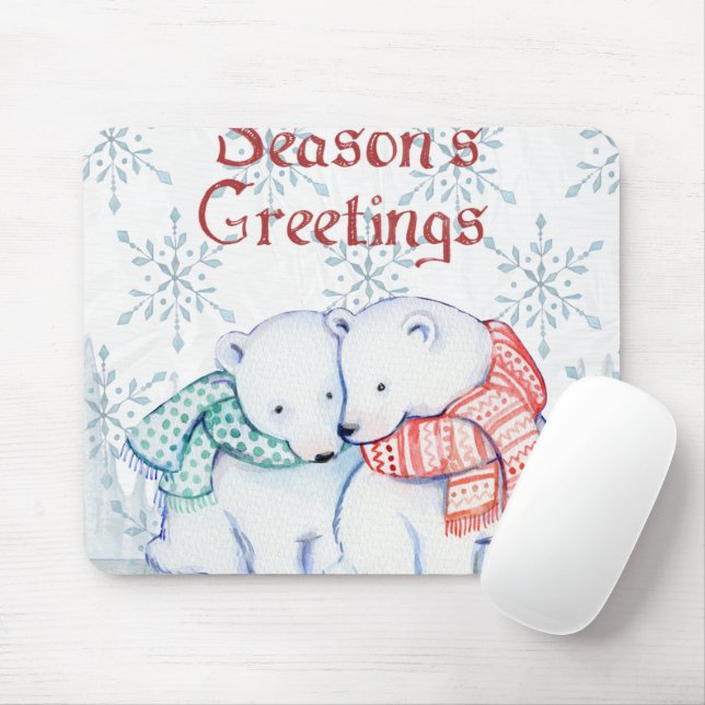 Cute Polar Bears in Red and Green Scarf Mouse Pad (With Mouse)