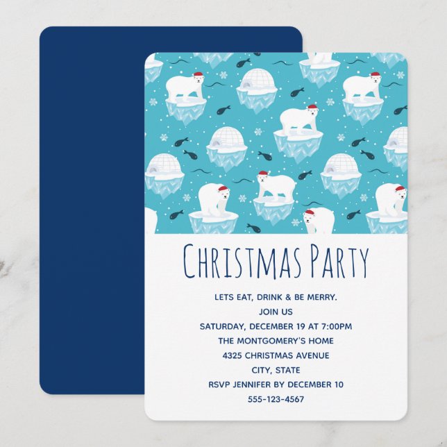 Cute Polar bears in Santa Hats Christmas Party Invitation (Front/Back)