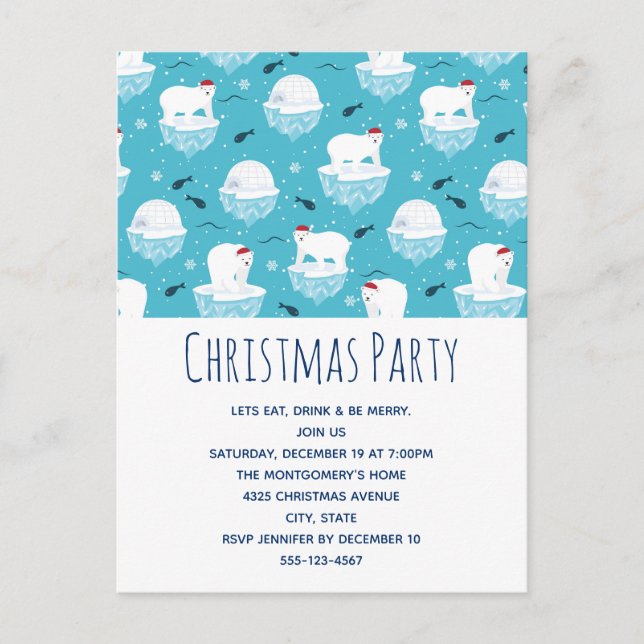 Cute Polar bears in Santa Hats Christmas Party Invitation Postcard (Front)