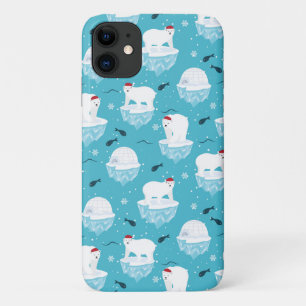 Cute Polar bears in Santa Hats Christmas Pattern iPhone 11 Case