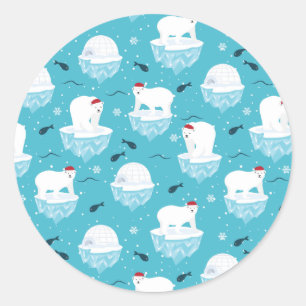 Cute Polar bears in Santa Hats Christmas Pattern Classic Round Sticker