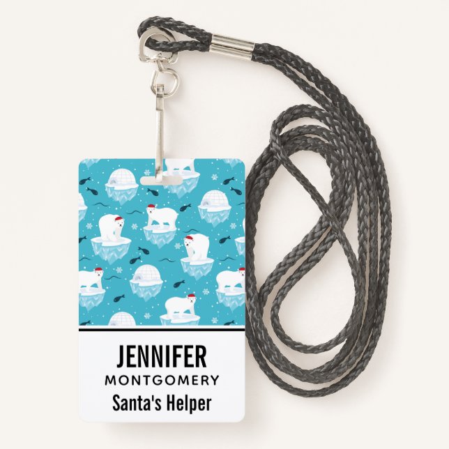 Cute Polar bears in Santa Hats Christmas Pattern ID Badge (Front with Lanyard)