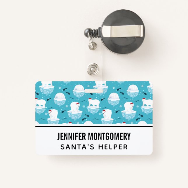 Cute Polar bears in Santa Hats Christmas Pattern ID Badge (Back with Retractable)