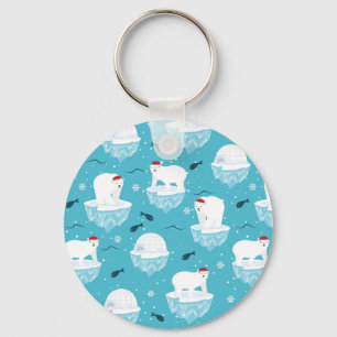 Cute Polar bears in Santa Hats Christmas Pattern Key Ring