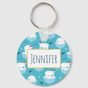 Cute Polar bears in Santa Hats Christmas Pattern Key Ring