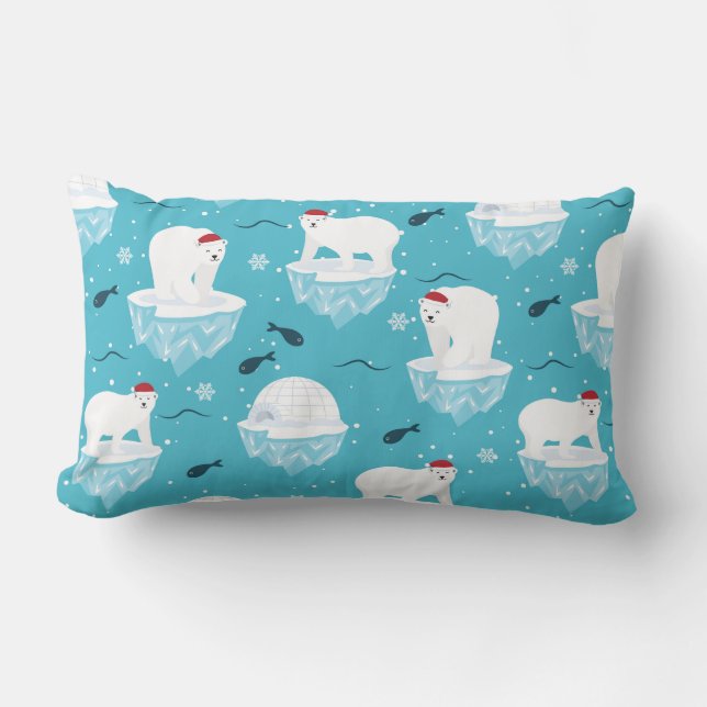 Cute Polar bears in Santa Hats Christmas Pattern Lumbar Cushion (Front)