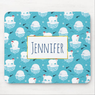 Cute Polar bears in Santa Hats Christmas Pattern Mouse Pad