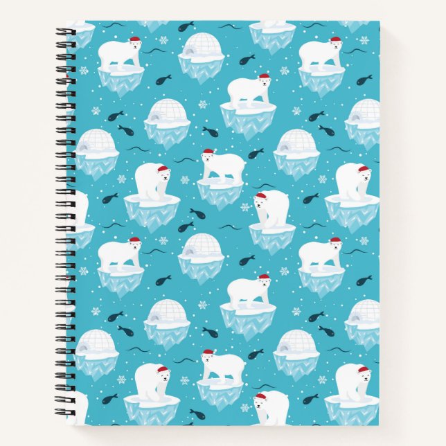 Cute Polar bears in Santa Hats Christmas Pattern Notebook (Front)