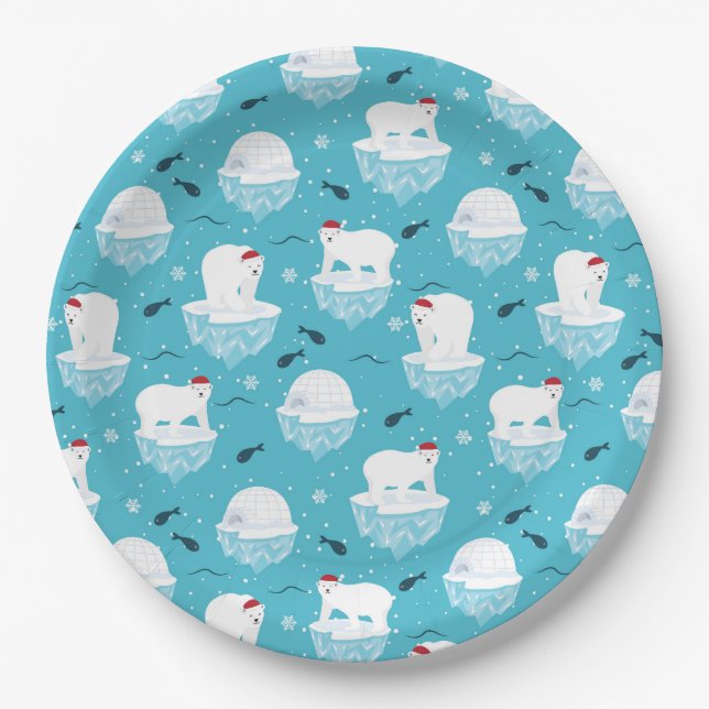 Cute Polar bears in Santa Hats Christmas Pattern Paper Plate (Front)