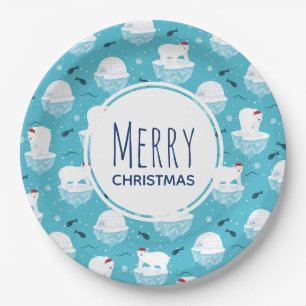 Cute Polar bears in Santa Hats Christmas Pattern Paper Plate
