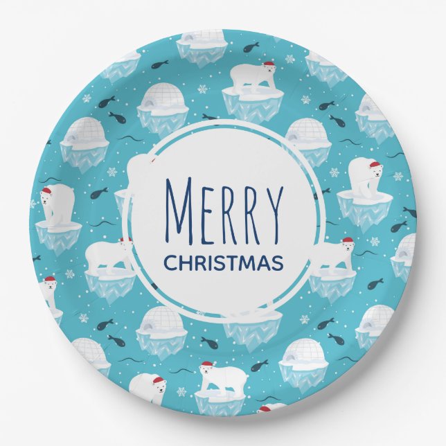 Cute Polar bears in Santa Hats Christmas Pattern Paper Plate (Front)