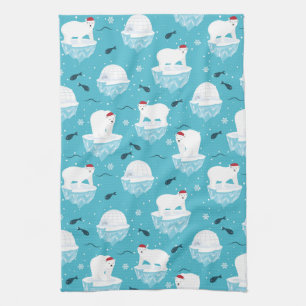 Cute Polar bears in Santa Hats Christmas Pattern Tea Towel